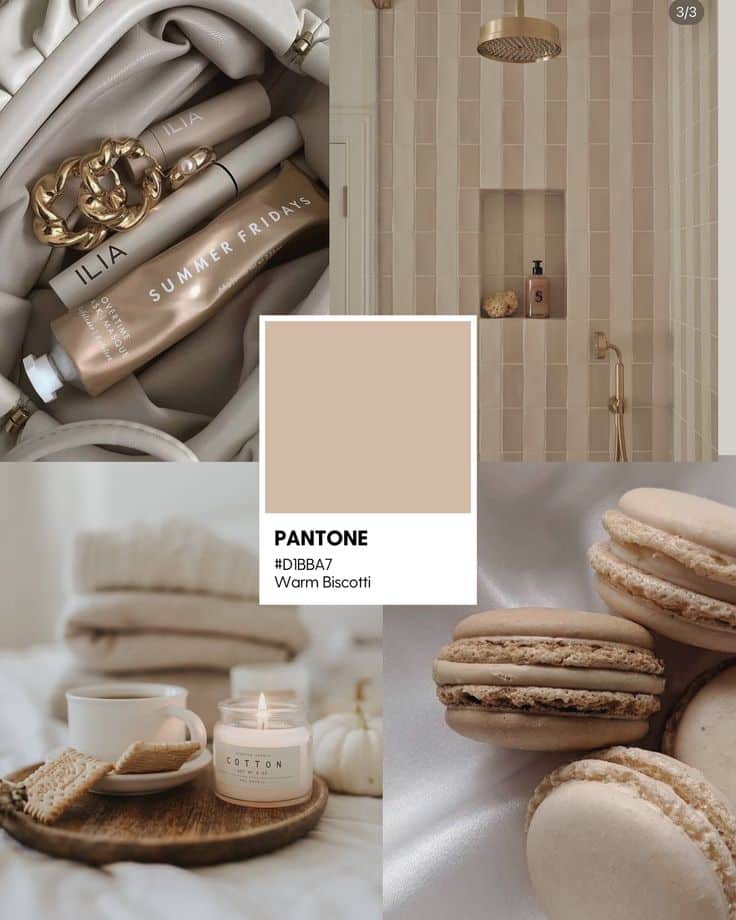 Warm Biscotti palette inspiration with cosmetics, pastries, and cozy home decor, featuring Pantone color #D1BBA7.