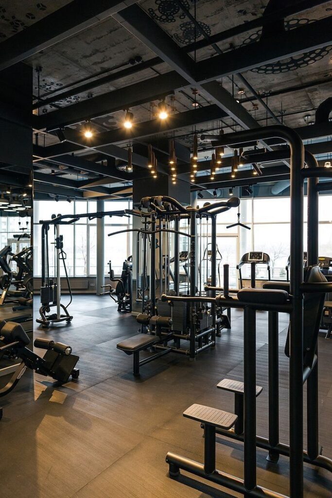 f0de21bb-1cd0-43d9-8692-7eb25690e69e Modern commercial gym interior with fitness equipment, large windows, and stylish lighting. | Sky Rye Design Modern commercial gym interior with fitness equipment, large windows, and stylish lighting.