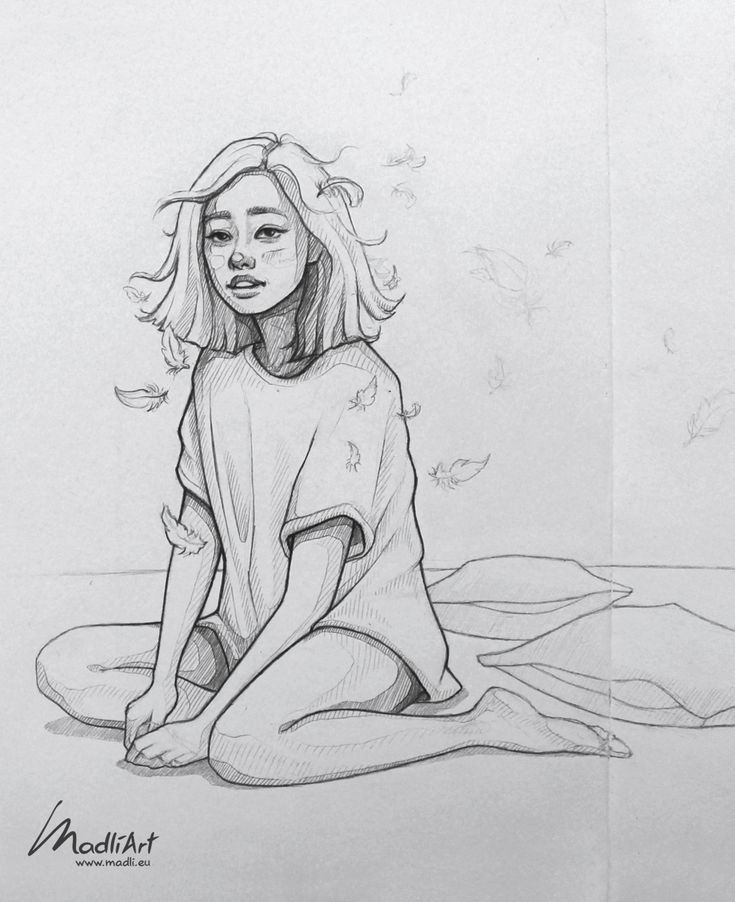 Pencil drawing of a girl sitting with floating feathers, wearing a t-shirt, with short hair and a thoughtful expression.