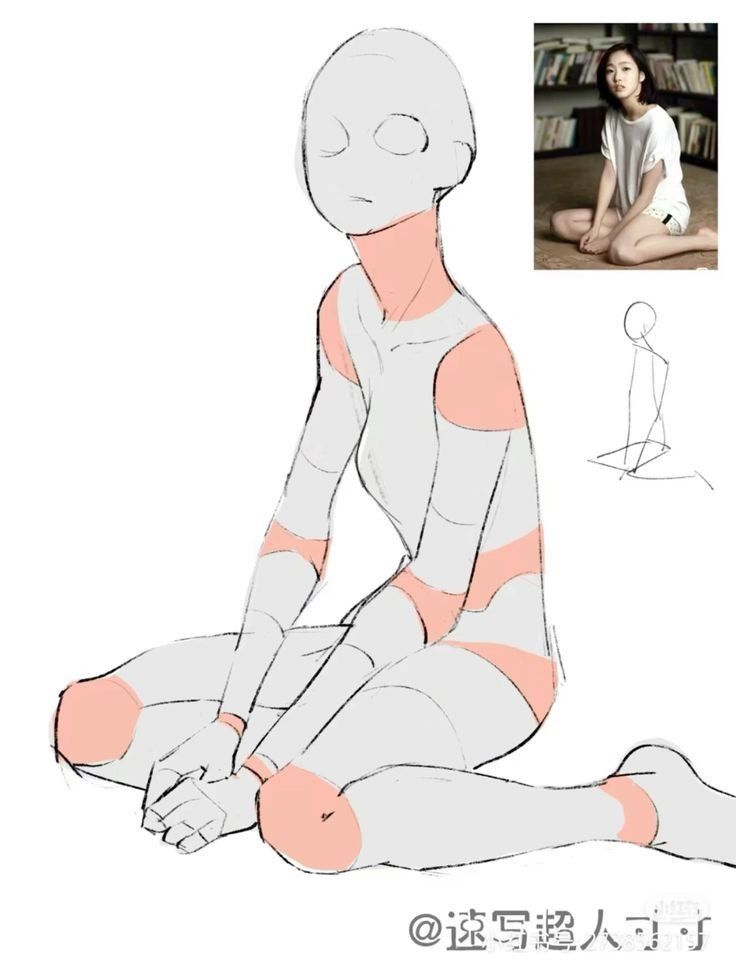 Sketch of a seated figure for drawing reference, with pose and anatomy highlights.
