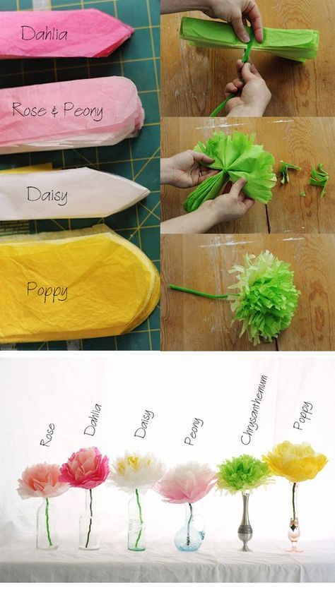 DIY tissue paper flowers: Dahlia, Rose, Daisy, Peony, Poppy step-by-step tutorial with labeled final arrangements in vases.