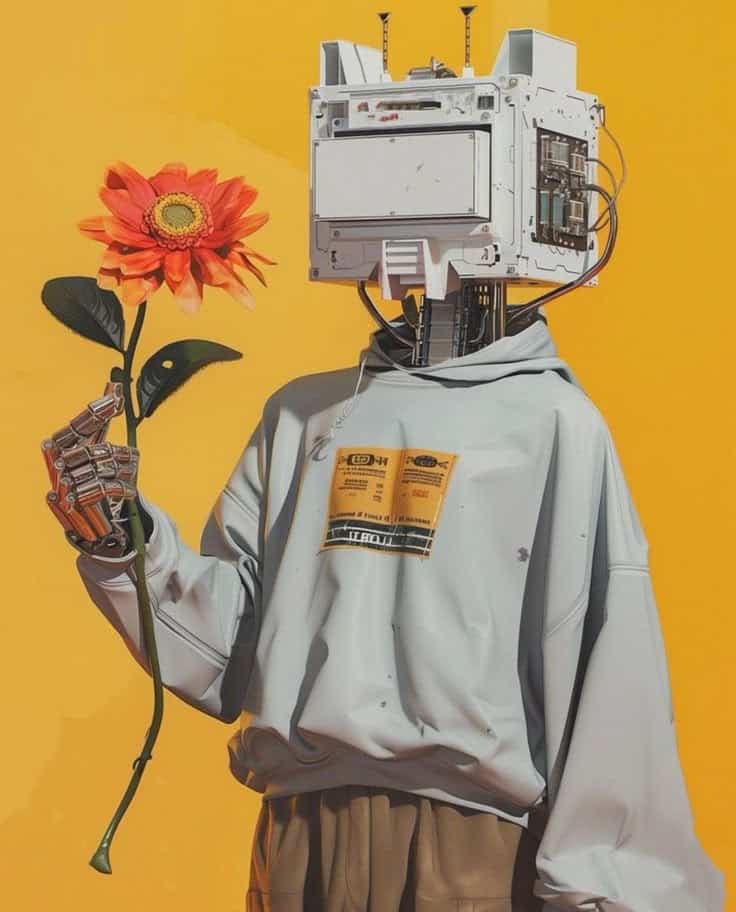Robot with a computer head holds a vibrant sunflower on a bright yellow background, wearing a casual hoodie.