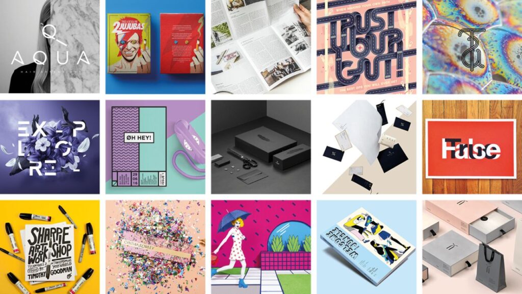 Collage of colorful and artistic posters, showcasing designs, typography, and vibrant packaging.