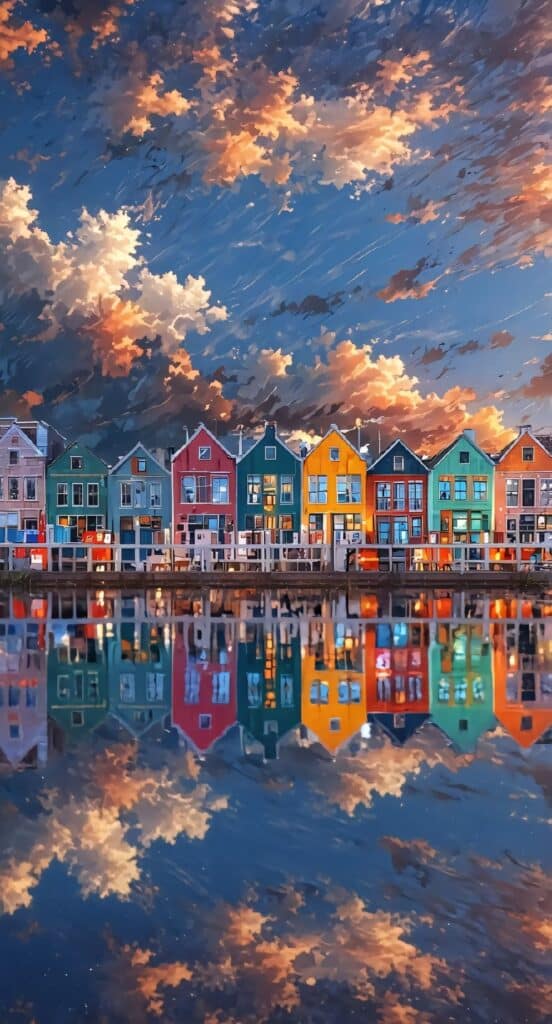 Colorful row of houses reflecting in water under dramatic sky at sunset.