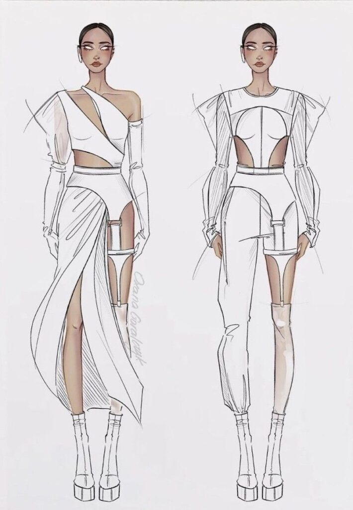Fashion sketch of two futuristic outfits with geometric cutouts and asymmetrical designs.
