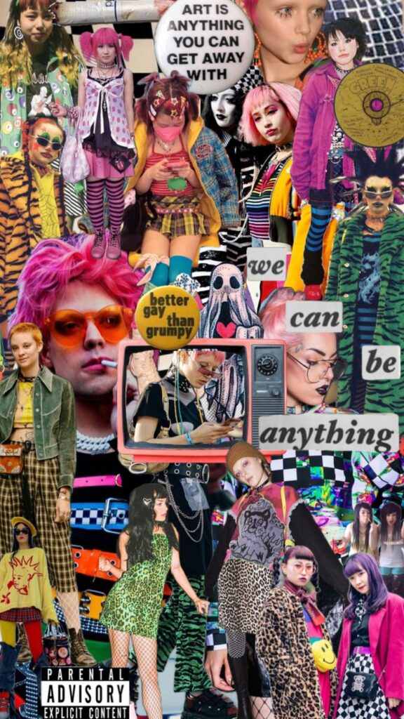 Colorful punk collage with bold outfits, artistic elements, and empowering message: Art is anything you can get away with.