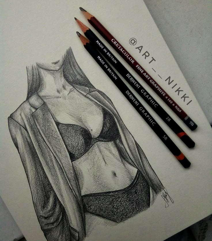 Sketch of woman in lingerie and blazer with pencils beside. Art by @art__nikki.