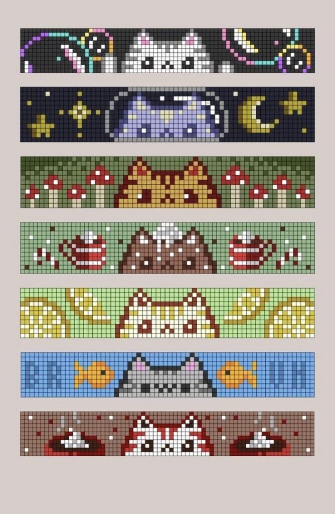 Pixel art cat designs with various themes: galaxy, forest, coffee, lemon, fish, and tea against colorful backgrounds.