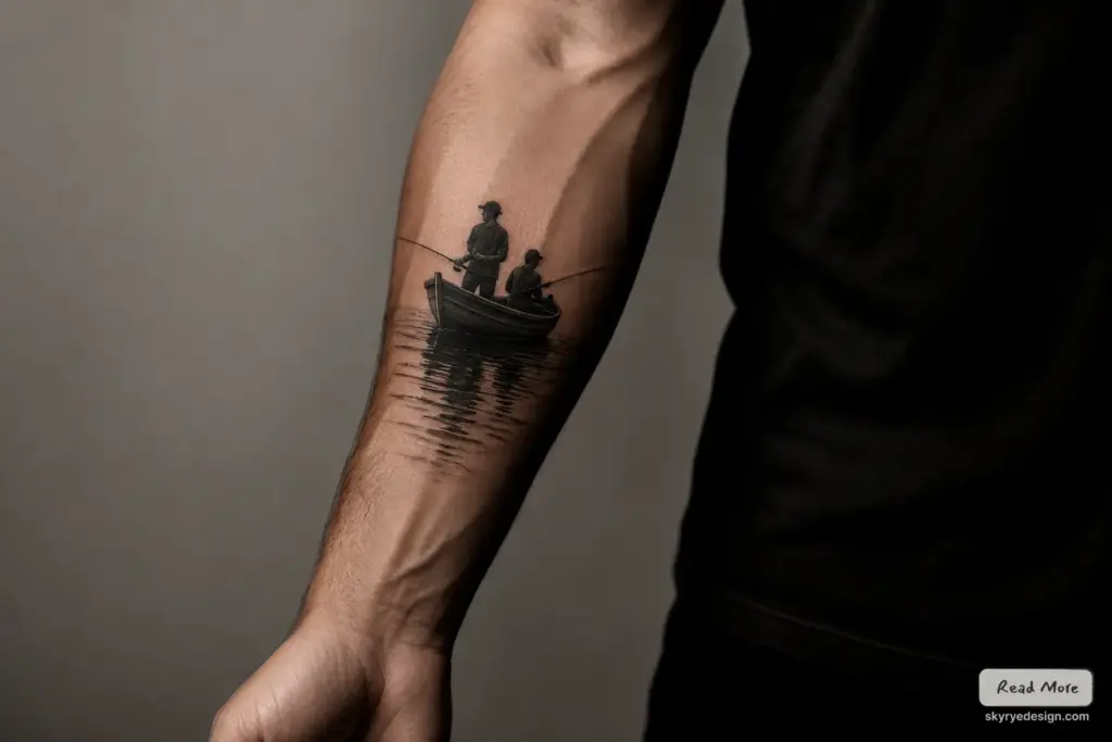 Photorealistic forearm tattoo of two fishermen in a rowboat with water reflection, black ink design