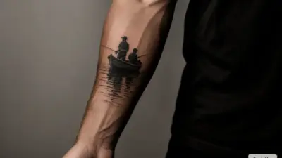 Photorealistic forearm tattoo of two fishermen in a rowboat with water reflection, black ink design