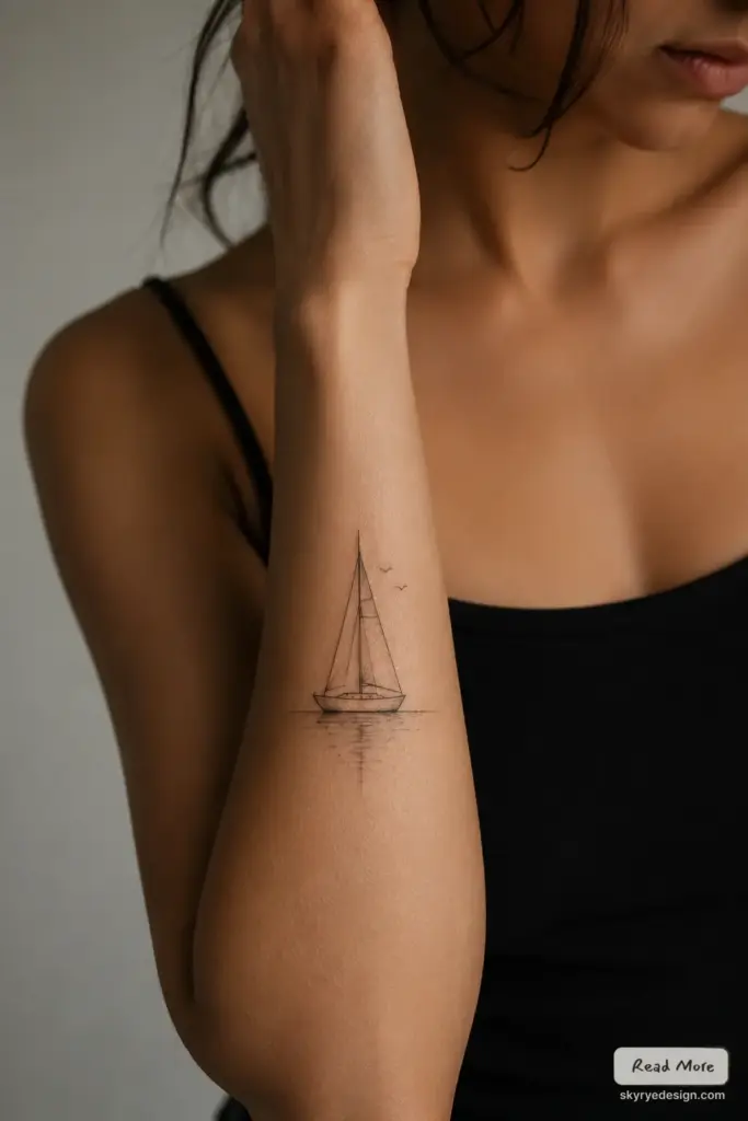 Minimal fine-line sailboat tattoo on a woman's inner forearm, small nautical line-art design, black tank top background