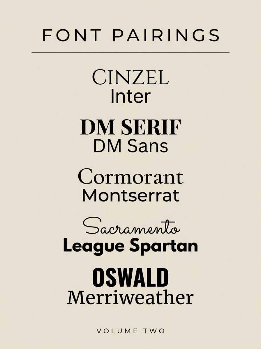 Beige poster showing font pairings: Cinzel/Inter; DM Serif/DM Sans; Cormorant/Montserrat; Sacramento/League Spartan; Oswald/Merriweather