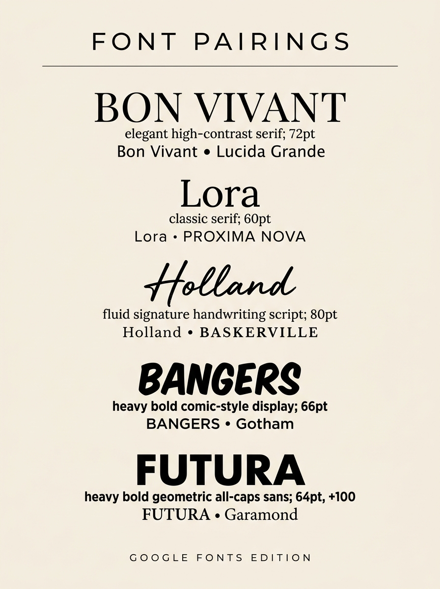 Google Fonts poster: typography font pairings — Bon Vivant, Lora, Holland, Bangers, Futura with sample styles