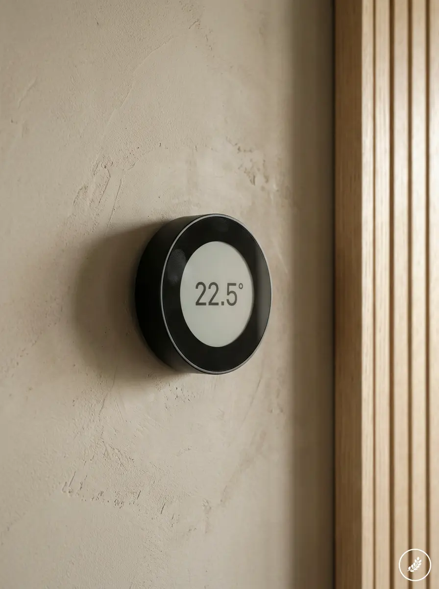 Smart_thermostat_on_clay-plaster_202607211638 Wall-mounted smart thermostat with 22.5° digital display on textured beige wall beside wooden slats | Sky Rye Design Wall-mounted smart thermostat with 22.5° digital display on textured beige wall beside wooden slats