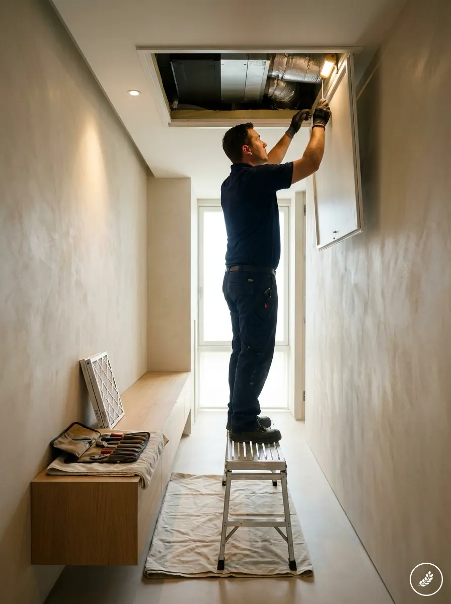 HVAC_technician_accessing_ceilin_202607211638 Technician on step ladder inspecting attic HVAC access in hallway, tools and air filter nearby, home maintenance. | Sky Rye Design Technician on step ladder inspecting attic HVAC access in hallway, tools and air filter nearby, home maintenance.