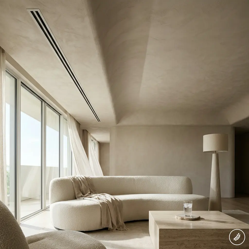 Ultramodern_living_room_cooling__202607211638 Modern minimalist neutral living room with curved sofa, floor-to-ceiling windows, sheer curtains and travertine coffee table. | Sky Rye Design Modern minimalist neutral living room with curved sofa, floor-to-ceiling windows, sheer curtains and travertine coffee table.