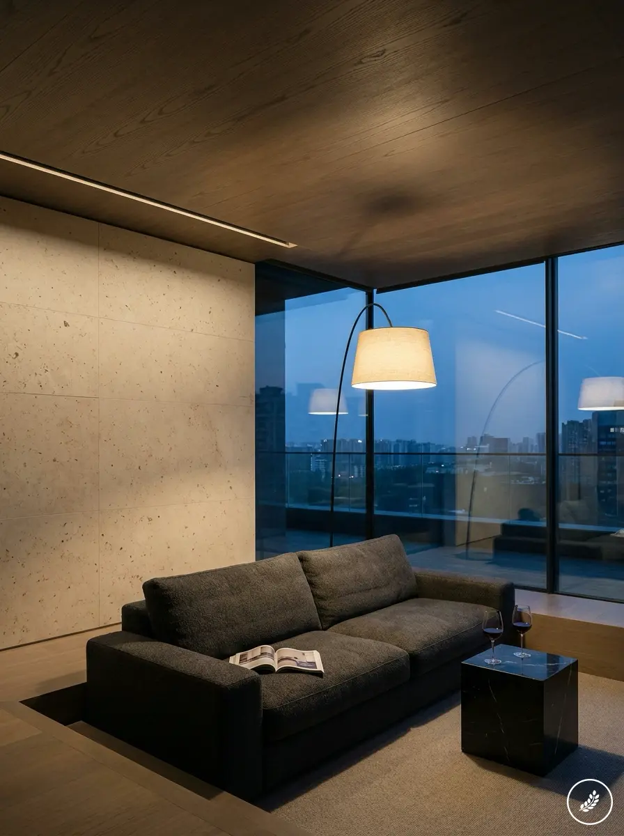 Ultramodern_living_space_at_dusk_202607211643 Modern living room with dark sofa, arched floor lamp, side table and evening city skyline through tall glass windows | Sky Rye Design Modern living room with dark sofa, arched floor lamp, side table and evening city skyline through tall glass windows