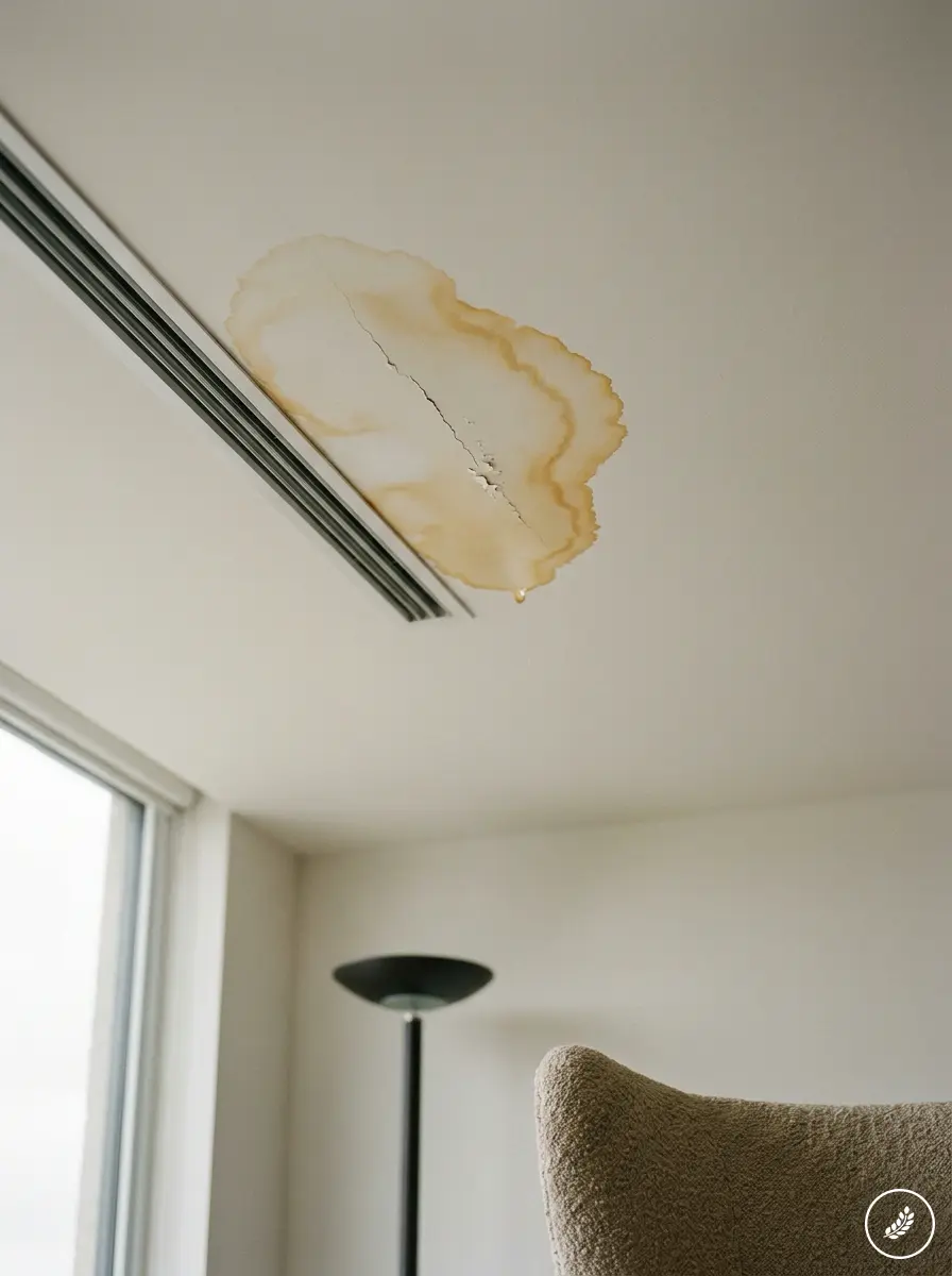 Water_stain_on_ceiling_202607211644 Ceiling leak: brown water stain and crack with drip in living room above armchair and floor lamp | Sky Rye Design Ceiling leak: brown water stain and crack with drip in living room above armchair and floor lamp
