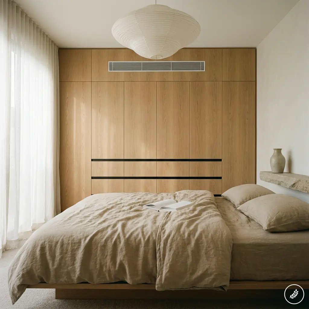 Ultramodern_bedroom_joinery_inte_202607211638 Minimalist bedroom with a large wooden built-in wardrobe, neutral bedding, and sheer curtains by a sunlit window. | Sky Rye Design Minimalist bedroom with wooden built-in wardrobe, neutral linen bedding, sheer curtains and soft natural light