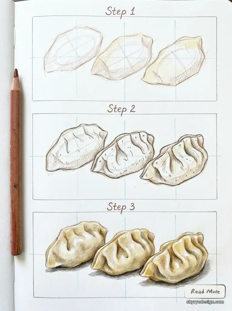 Dumplings_drawing_tutorial_steps_202606181538 Dumpling drawing tutorial: three-step sketch progression from basic outline to detailed shaded colored-pencil illustration. | Sky Rye Design Dumpling drawing tutorial: three-step sketch progression from basic outline to detailed shaded colored-pencil illustration.