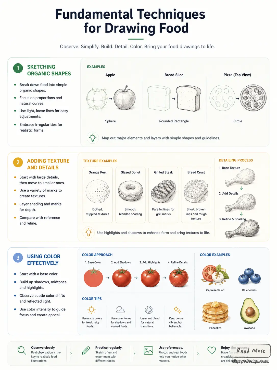 9f537e1f-f5f7-45f6-837e-e3de61488651 Infographic: Fundamental techniques for drawing food—sketching shapes, adding texture, color steps and food examples | Sky Rye Design Infographic: Fundamental techniques for drawing food—sketching shapes, adding texture, color steps and food examples