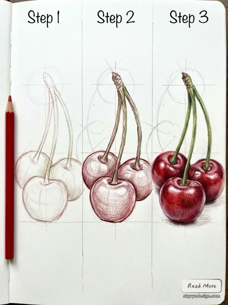 Colored_pencils_drawing_tutorial_202606181540 Three-step colored pencil cherry drawing tutorial in sketchbook showing sketch, shading, and finished realistic cherries. | Sky Rye Design Three-step colored pencil cherry drawing tutorial in sketchbook showing sketch, shading, and finished realistic cherries.
