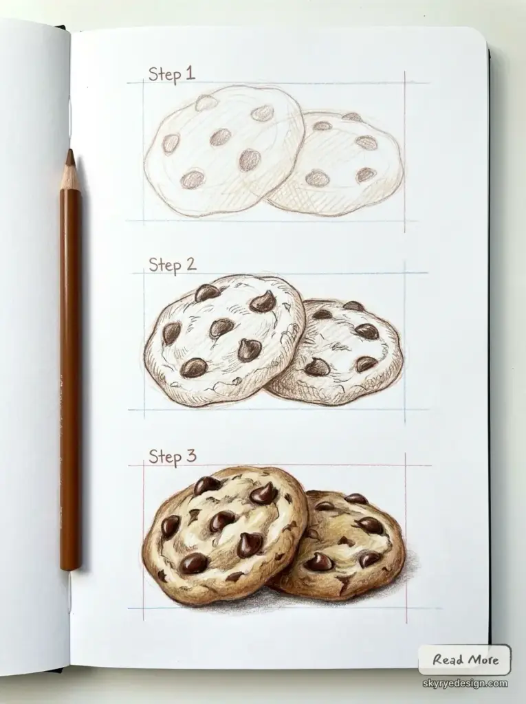 Colored_pencils_drawing_tutorial_202606181543 Step-by-step chocolate chip cookie drawing tutorial in sketchbook: pencil sketches to colored realistic cookies. | Sky Rye Design Step-by-step chocolate chip cookie drawing tutorial in sketchbook: pencil sketches to colored realistic cookies.