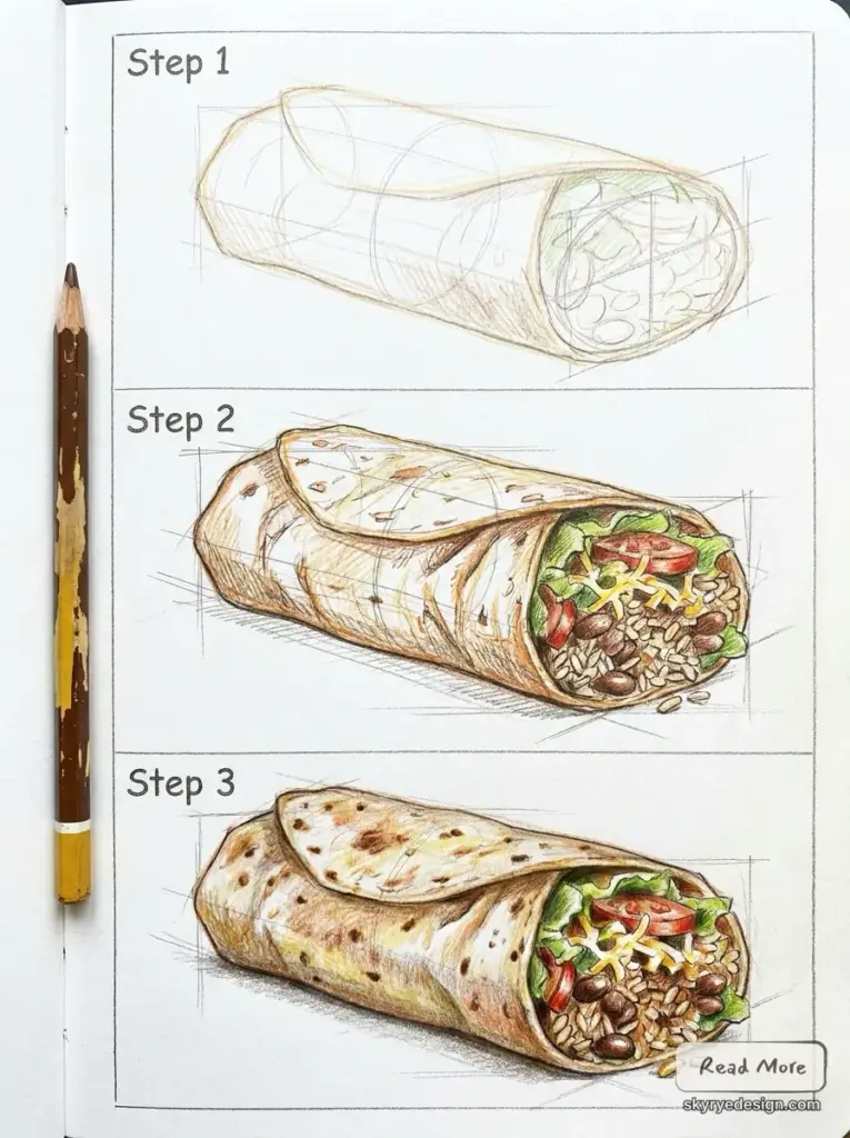 Colored_pencils_drawing_tutorial_202606181546 Step-by-step sketch of a burrito from a design notebook: Step 1 shows an empty wrap outline; Step 2 shows a filled burrito with lettuce, tomatoes, beans, rice; Step 3 shows a wrapped, ready-to-eat burrito with filling visible at the open end. | Sky Rye Design Three-step colored pencil tutorial showing stages of drawing a realistic burrito with lettuce, rice, beans, and tomato
