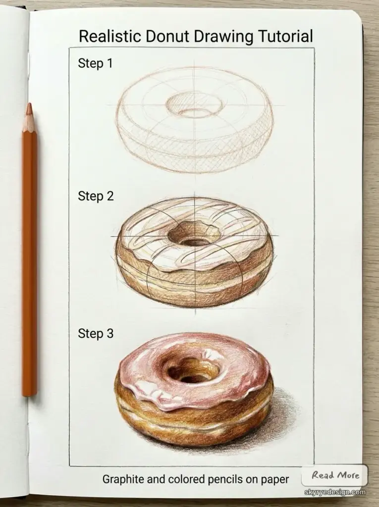 Donut_drawing_tutorial_steps_202606181537 Page from a tutorial titled 'Realistic Donut Drawing Tutorial' showing three steps: Step 1 a wireframe donut, Step 2 a shaded, textured donut, Step 3 a finished donut with pink glaze; pencil rests along the left edge and caption reads 'Graphite and colored pencils on paper' | Sky Rye Design Page from a tutorial titled'Realistic Donut Drawing Tutorial' showing three steps: Step 1 a wireframe donut, Step 2 a shaded, textured donut, Step 3 a finished donut with pink glaze; pencil rests along the left edge and caption reads 'Graphite and colored pencils on paper'