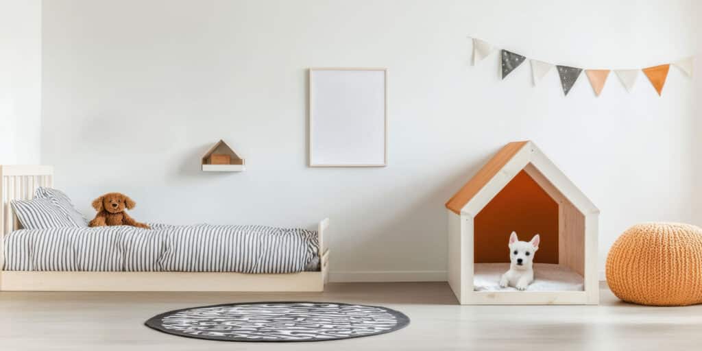 Playful puppy in cozy bedroom modern interior pet-friendly design bright environment eye-level view home comfort concept | Sky Rye Design