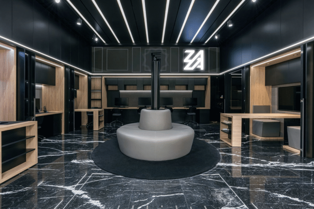 Modern office space with sleek black and wood decor, circular seating, and illuminated ceiling design.