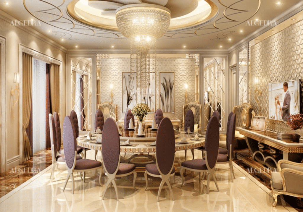 Luxurious dining room with elegant chandelier, round table, purple chairs, and ornate design details.