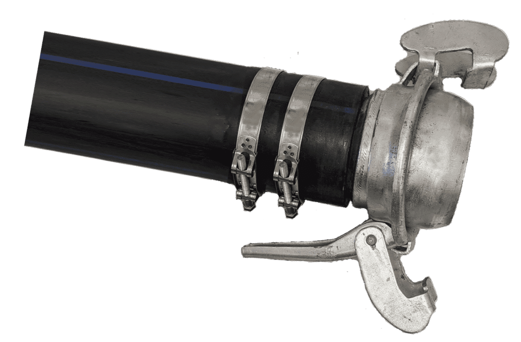 image Industrial pipe with metal clamps and lever attachment, showcasing secure connection for fluid transfer systems. | Sky Rye Design Industrial pipe with metal clamps and lever attachment, showcasing secure connection for fluid transfer systems.