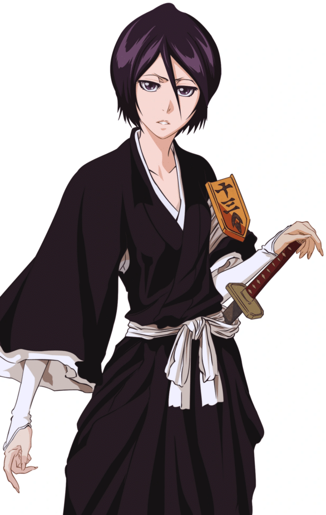 Anime character with short dark hair in a black robe holding a sheathed sword, displaying a serious expression.