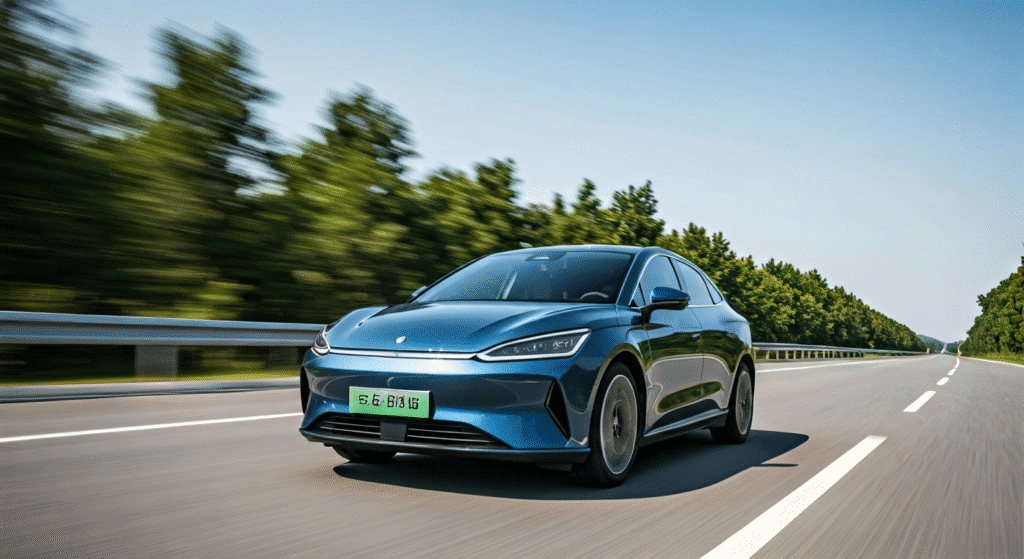 Sleek blue electric car driving swiftly on a highway, surrounded by lush green trees under a clear sky.