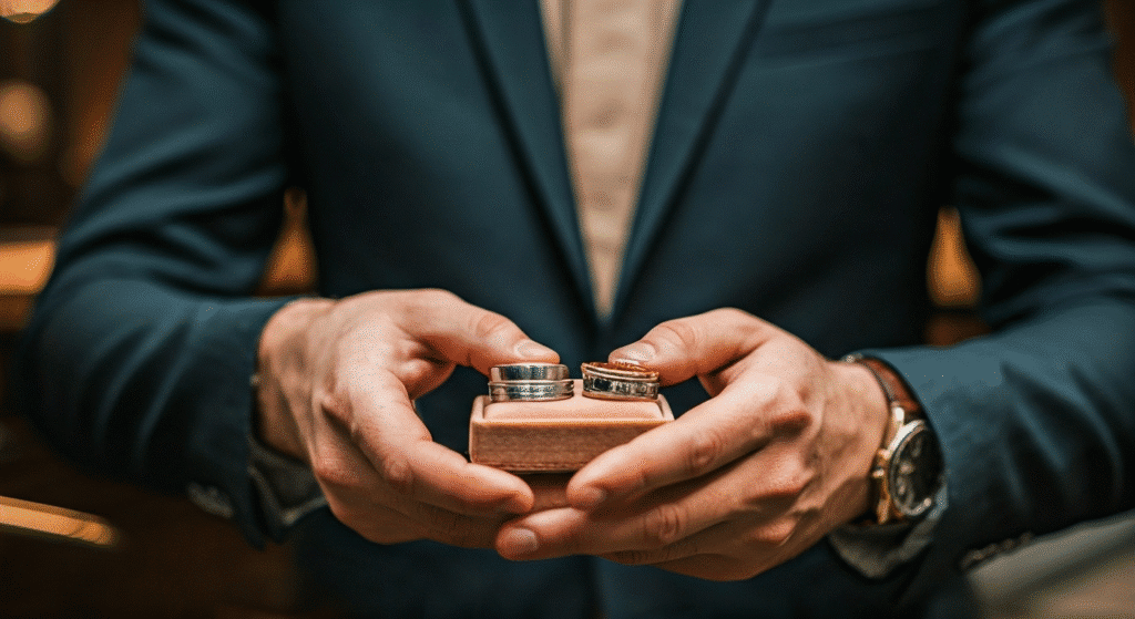 image1 Man in suit holding a small box with two elegant rings, showcasing luxury jewelry. | Sky Rye Design Man in suit holding a small box with two elegant rings, showcasing luxury jewelry.