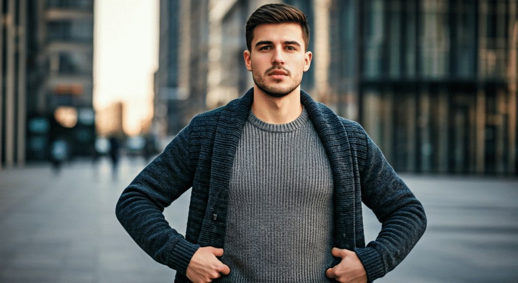 image1 Man in gray sweater and blue cardigan standing confidently in cityscape backdrop. | Sky Rye Design Man in gray sweater and blue cardigan standing confidently in cityscape backdrop.