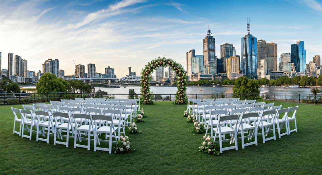 image1 Outdoor wedding setup with floral arch, white chairs, and a city skyline backdrop by the river at sunset. | Sky Rye Design Outdoor wedding setup with floral arch, white chairs, and a city skyline backdrop by the river at sunset.