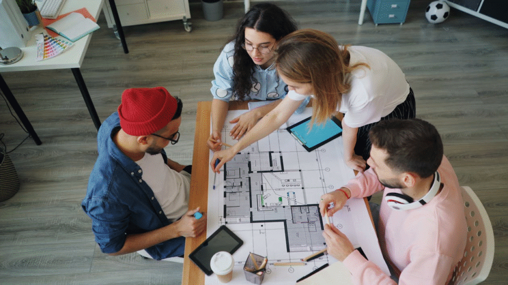 image1 Team collaborating on architectural blueprint in modern office setting. | Sky Rye Design Team collaborating on architectural blueprint in modern office setting.