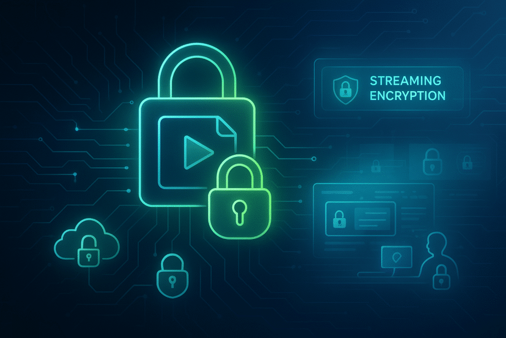 image1 Digital streaming encryption concept with neon locks and multimedia symbols for secure online content protection. | Sky Rye Design Digital streaming encryption concept with neon locks and multimedia symbols for secure online content protection.