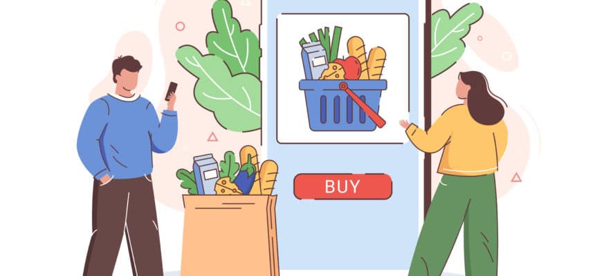 Online grocery shopping concept with people and digital cart on a smartphone screen.
