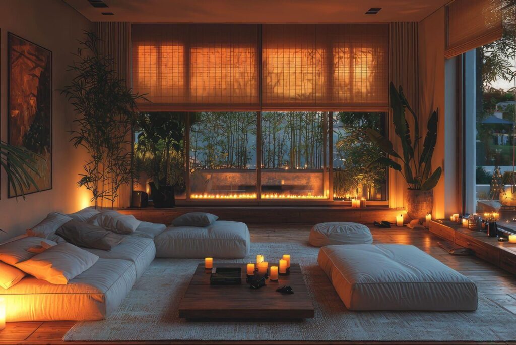 image1 Cozy living room with warm lighting, large windows, cushy seating, and candles, creating a relaxed, inviting atmosphere. | Sky Rye Design Cozy living room with warm lighting, large windows, cushy seating, and candles, creating a relaxed, inviting atmosphere.