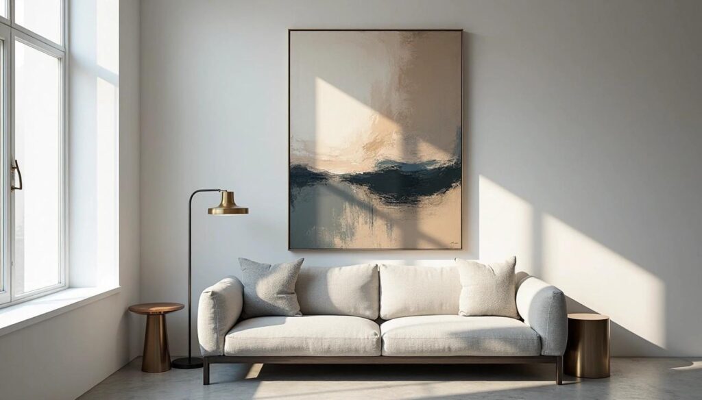 image1 Modern living room with abstract painting, beige sofa, and floor lamp in natural sunlight. Minimalist design. | Sky Rye Design Modern living room with abstract painting, beige sofa, and floor lamp in natural sunlight. Minimalist design.