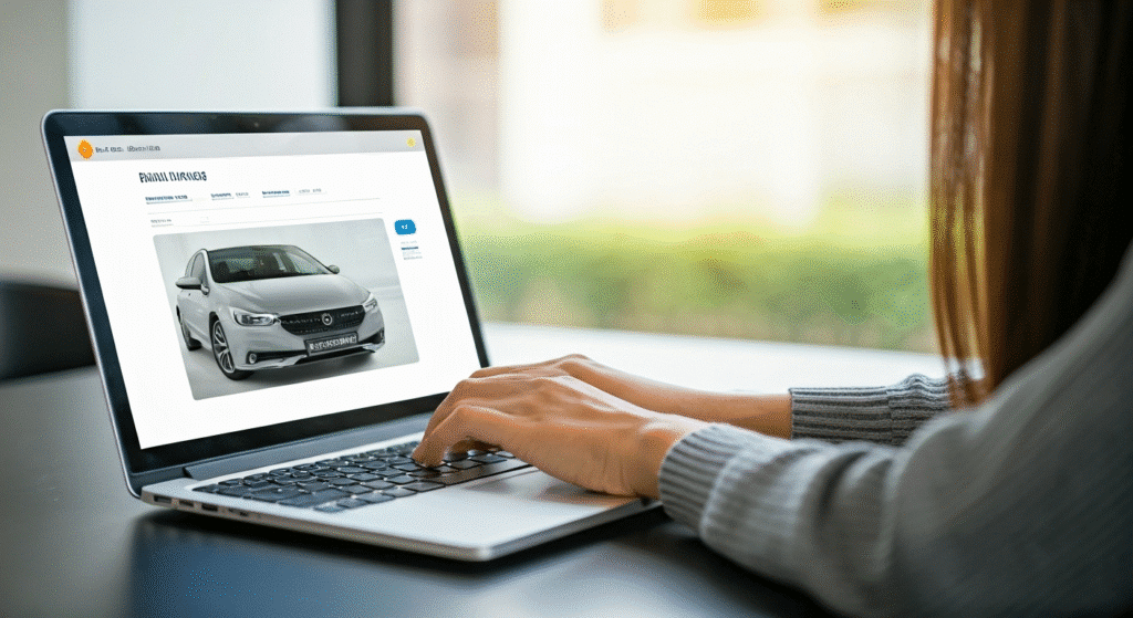 Person browsing a car website on a laptop, focused on a silver sedan model page.