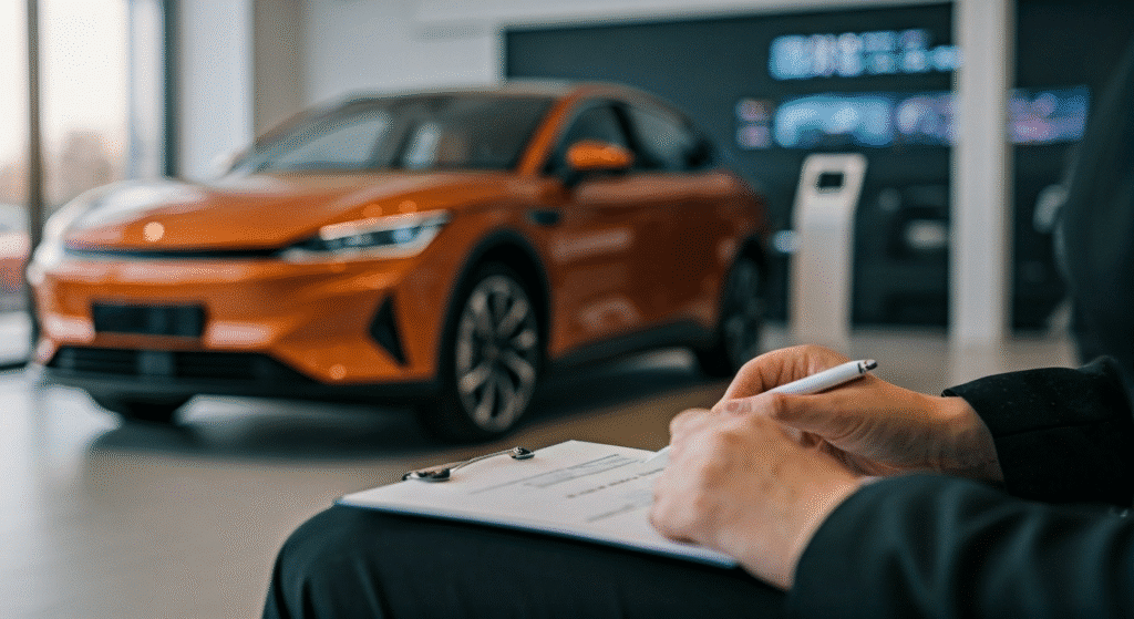Person taking notes with an orange electric car in the background at a dealership showroom.