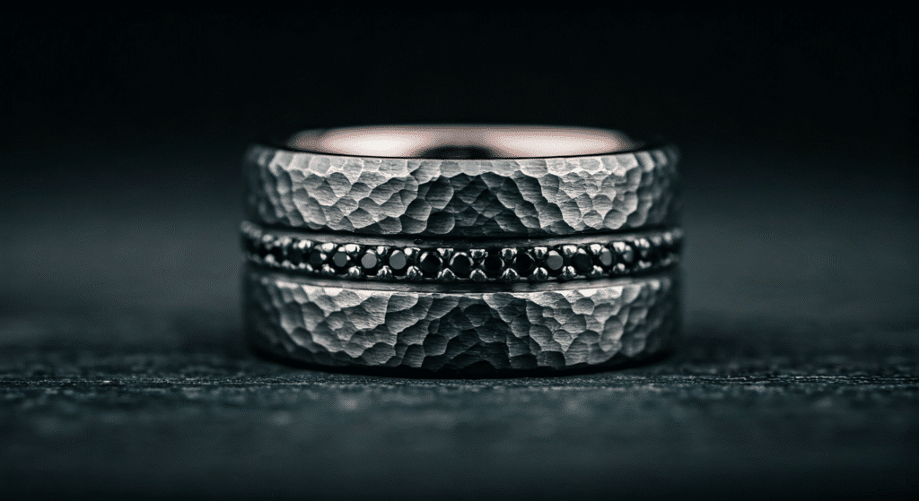 Hammered texture silver ring with black gemstone detailing on a dark background.