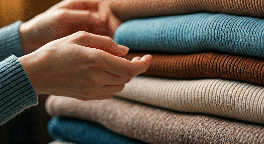 Hands arranging a stack of colorful, folded sweaters in various textures. Cozy knitwear organized neatly.