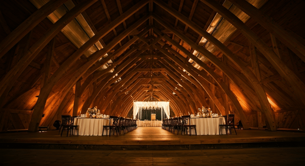 Rustic wooden venue with elegant table setup, warm lighting, and unique architectural ceiling design.