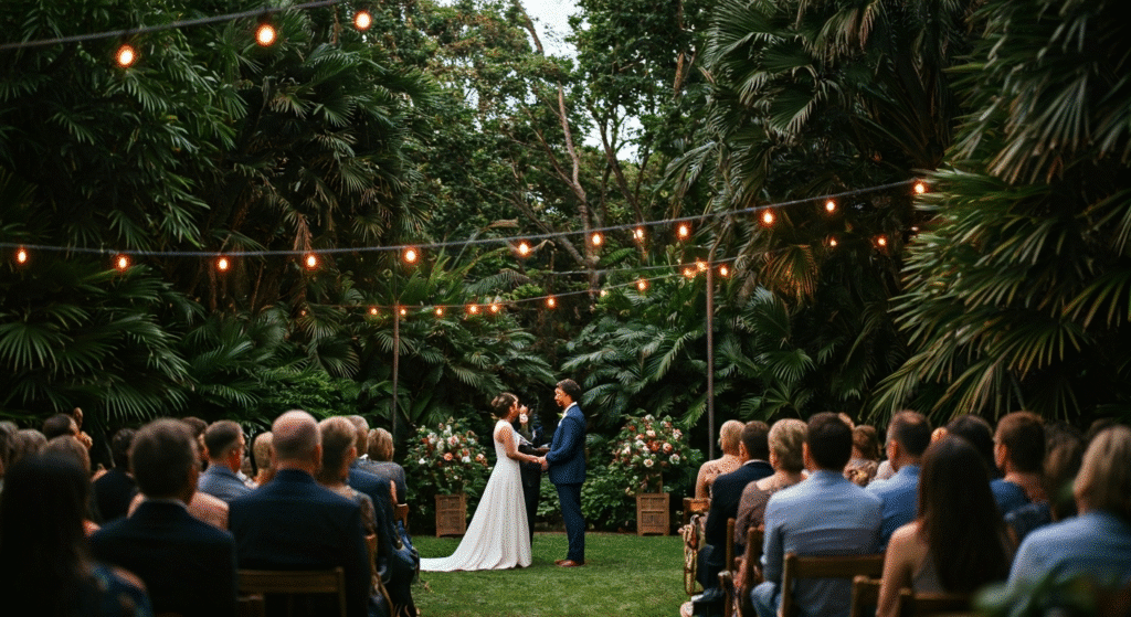 Outdoor wedding ceremony with bride and groom exchanging vows under string lights in lush garden setting.