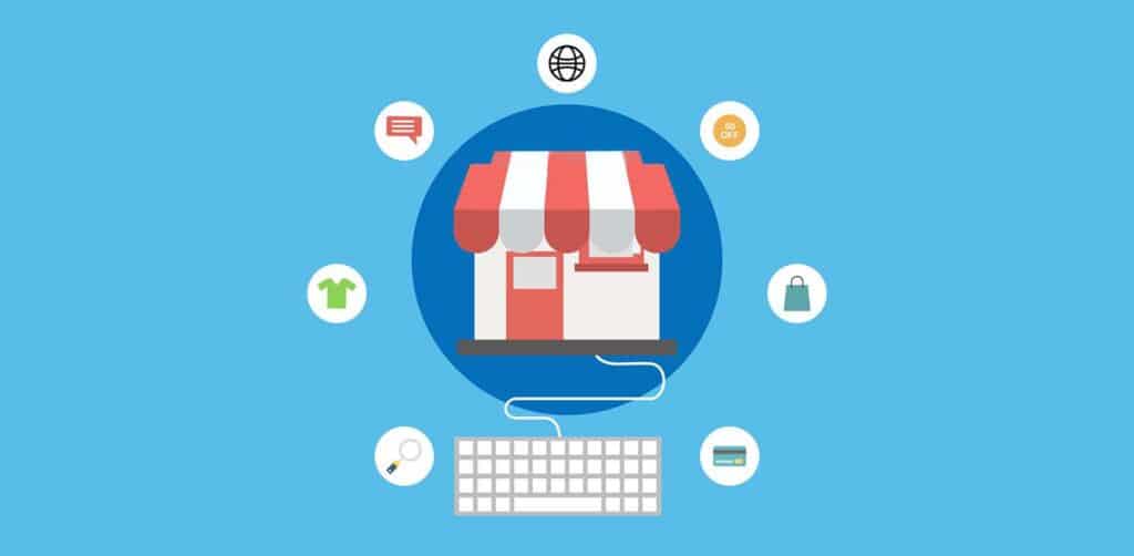 E-commerce concept: online storefront with icons for shopping, discounts, and payment against a blue background.
